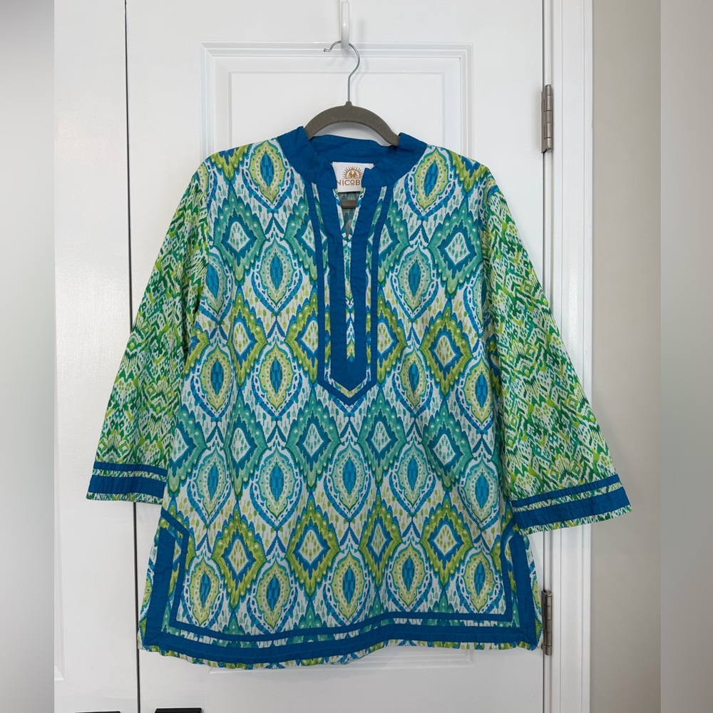 NICOBLU Nicobar Tunic Jungle Green Ikat Pullover Resortwear Cotton